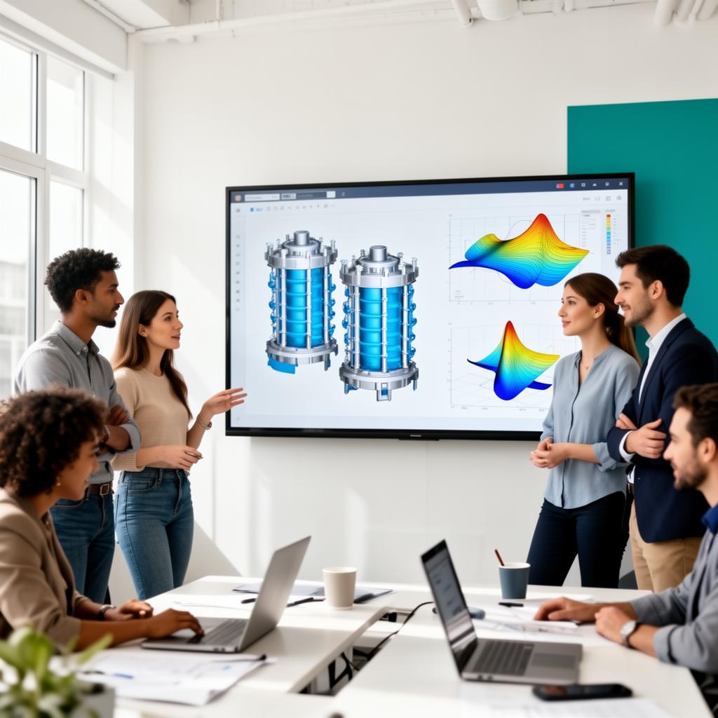 Equip d'enginyers davant una pantalla interactiva amb models de reactor